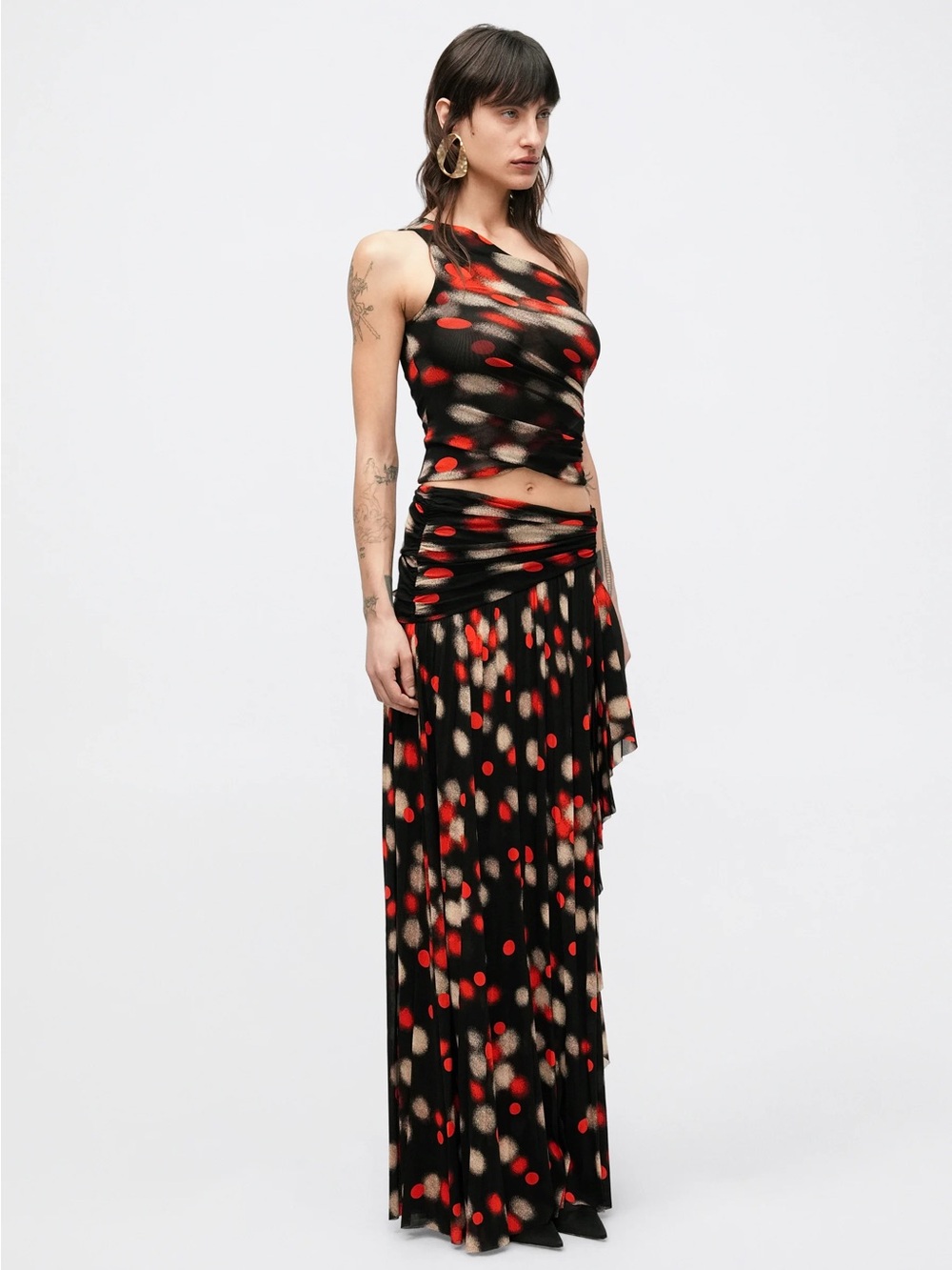DIANE VON FURSTENBERG Nathalie Draped Dot-print Mesh Maxi Skirt Size S